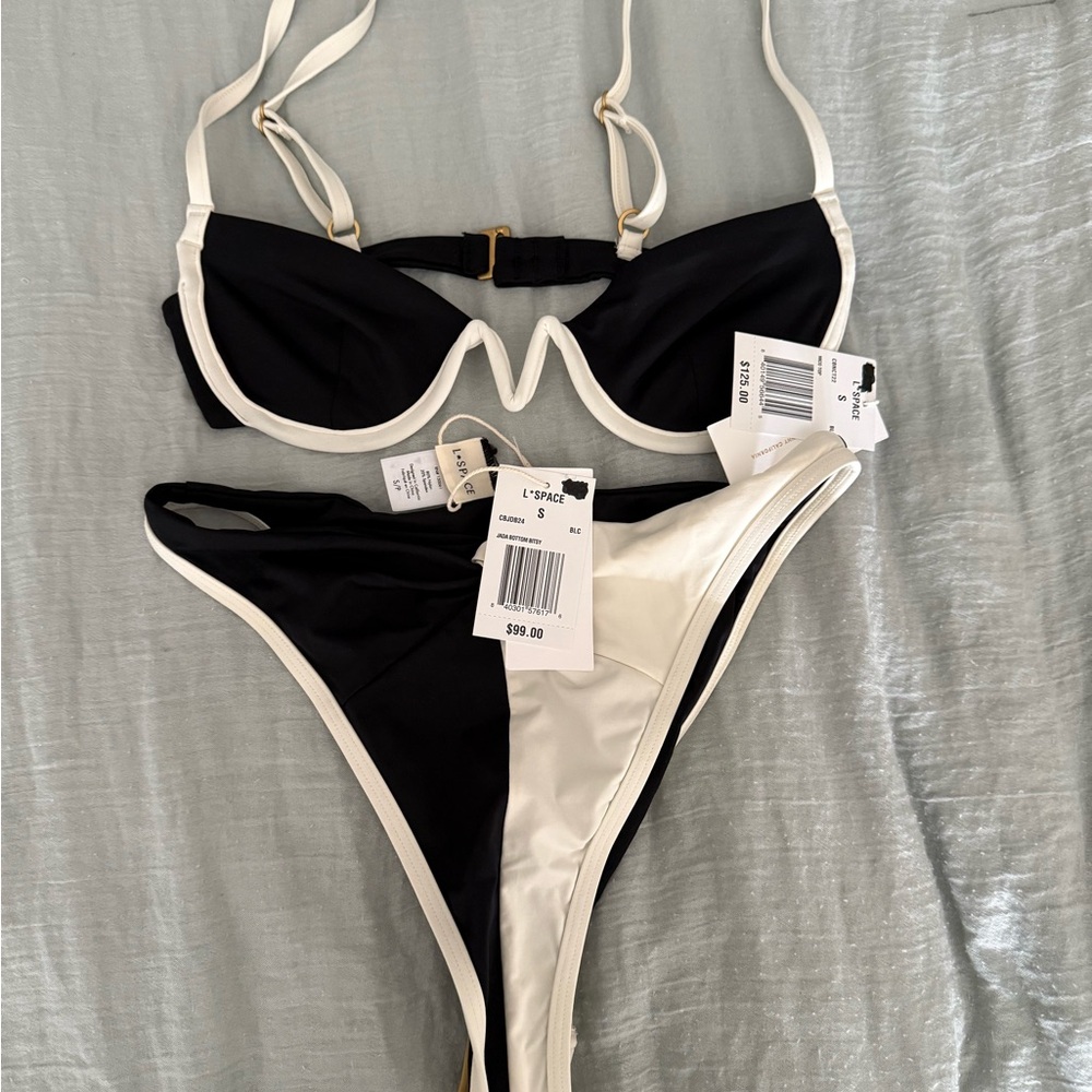 NWT L*Space Nico Black and White Bikini Top Jada Bottoms Set - Picture 3 of 7